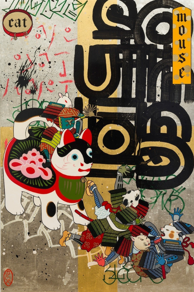 Gajin Fujita's “Cat & Mouse,” 2016, spray paint, paint markers, markers, Mean Streak, 12k and 24k gold leaf on wood, 24 inches by 16 inches. (L.A. Louver)